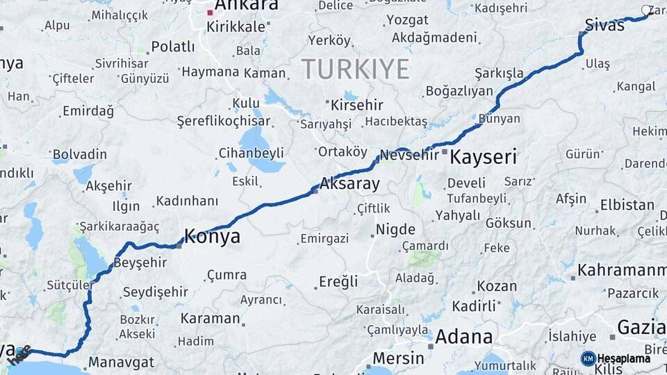 Antalya Zara Sivas Arası Kaç Km - Yol Haritası