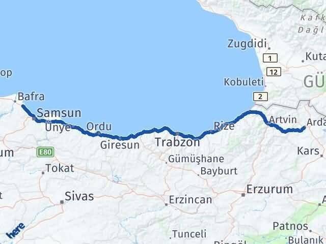 Ardahan 19 Mayıs Samsun Arası Kaç Km - Yol Haritası