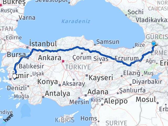 Ardahan 75.Yıl Cumhuriyet Kemalpaşa İzmir Arası Kaç Km - Yol Haritası