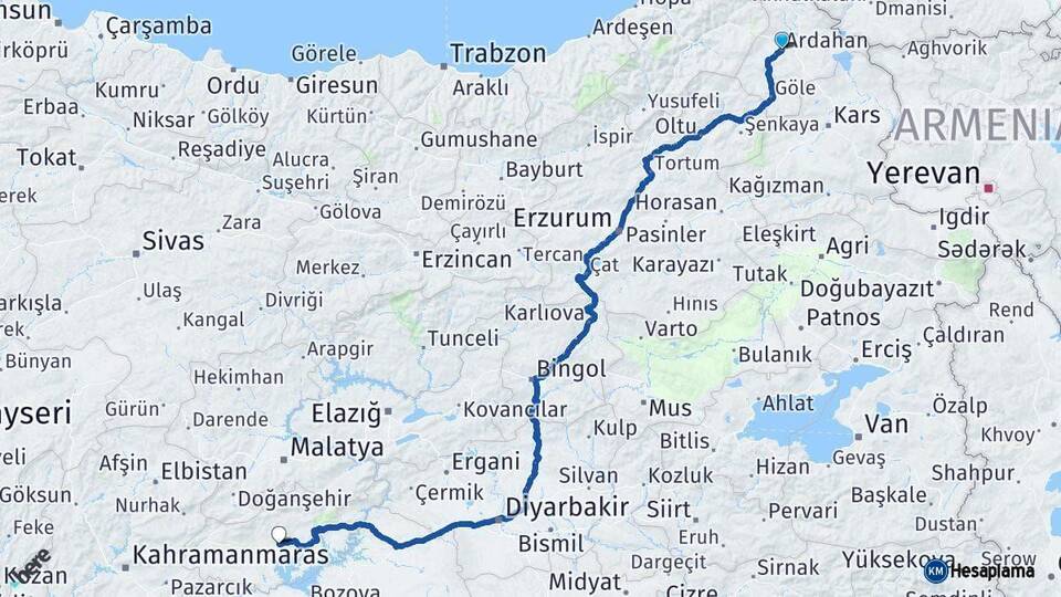 Ardahan Adıyaman Arası Kaç Km - Yol Haritası