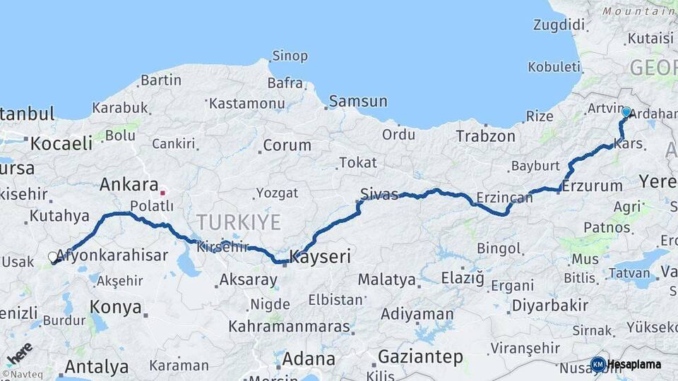 Ardahan Afyonkarahisar Arası Kaç Km - Yol Haritası