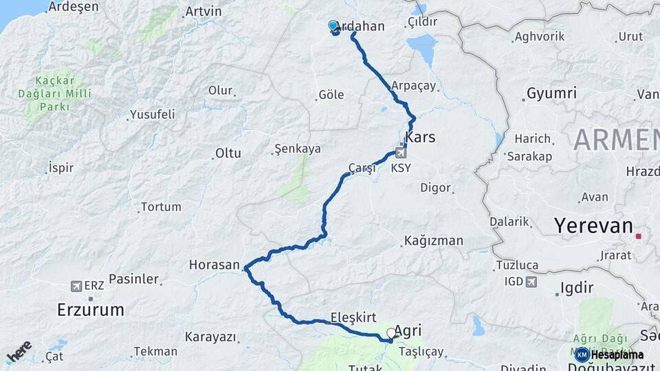 Ardahan Ağrı Arası Kaç Km - Yol Haritası