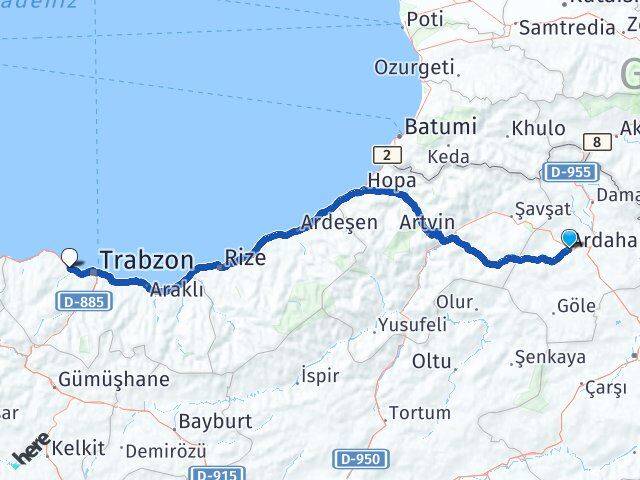 Ardahan Akçaabat Trabzon Arası Kaç Km - Yol Haritası