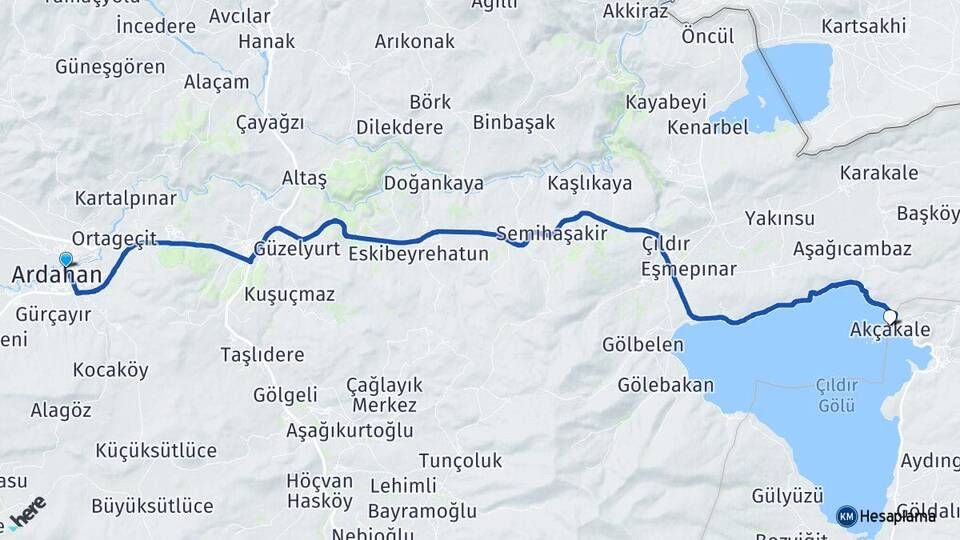 Ardahan Akçakale Çıldır Arası Kaç Km - Yol Haritası