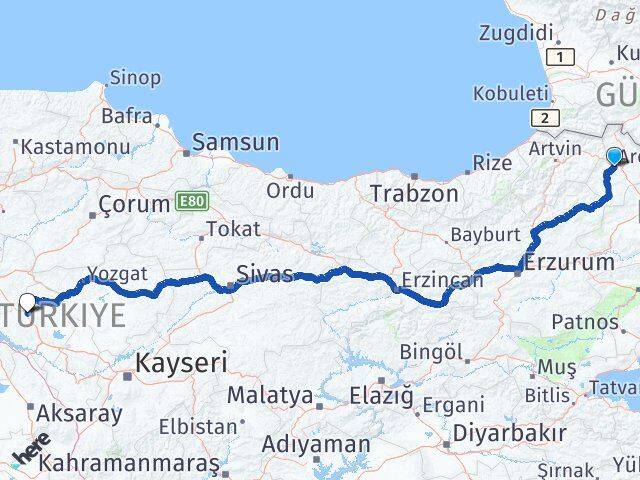 Ardahan Akpınar Kırşehir Arası Kaç Km - Yol Haritası