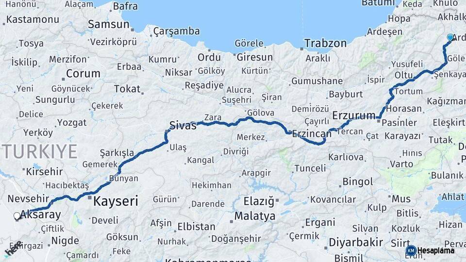Ardahan Aksaray Arası Kaç Km - Yol Haritası