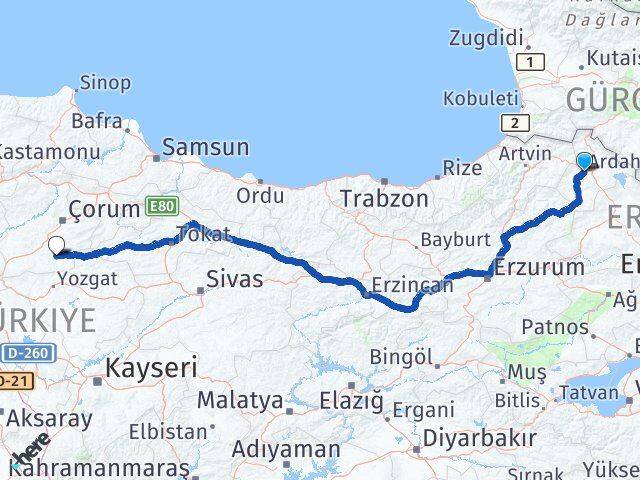 Ardahan Alaca Çorum Arası Kaç Km - Yol Haritası