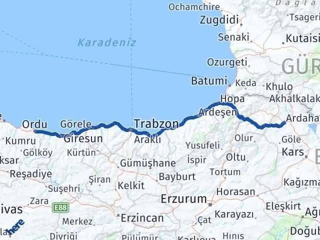 Ardahan Altınordu Arası Kaç Km - Yol Haritası