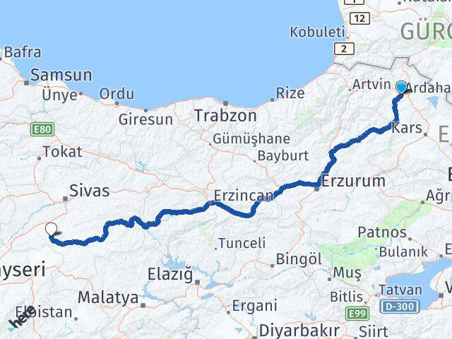 Ardahan Altınyayla Sivas Arası Kaç Km - Yol Haritası