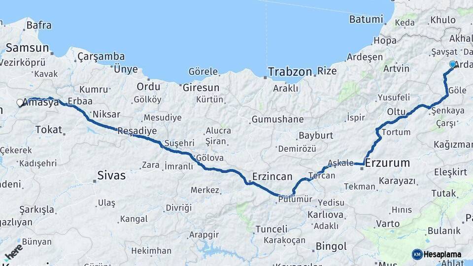 Ardahan Amasya Arası Kaç Km - Yol Haritası
