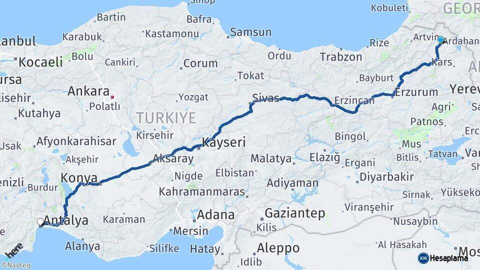 Ardahan Antalya Arası Kaç Km - Yol Haritası
