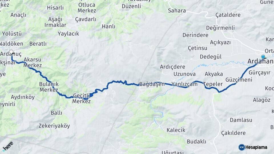 Ardahan Ardanuç Artvin Arası Kaç Km - Yol Haritası