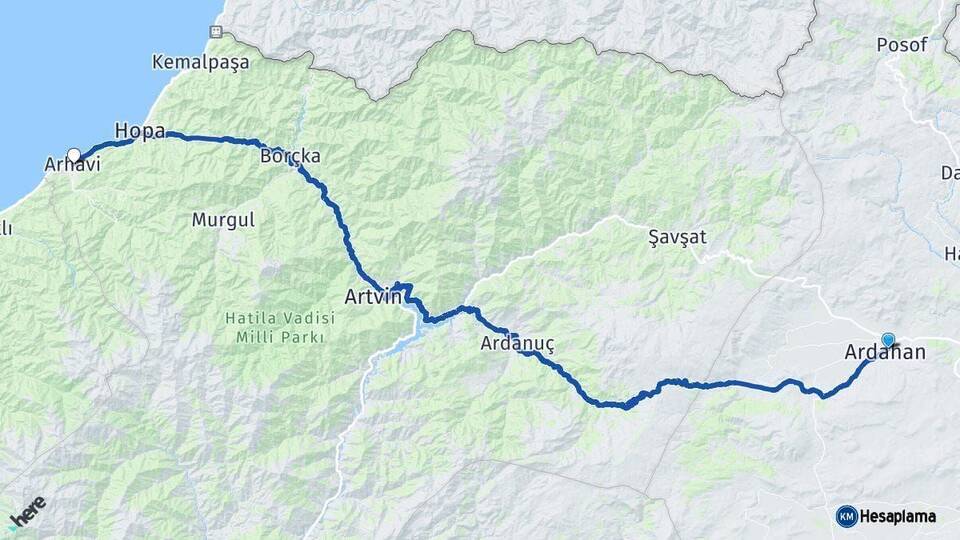Ardahan Arhavi Artvin Arası Kaç Km - Yol Haritası
