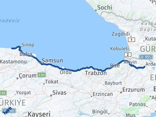 Ardahan Ayancık Sinop Arası Kaç Km - Yol Haritası