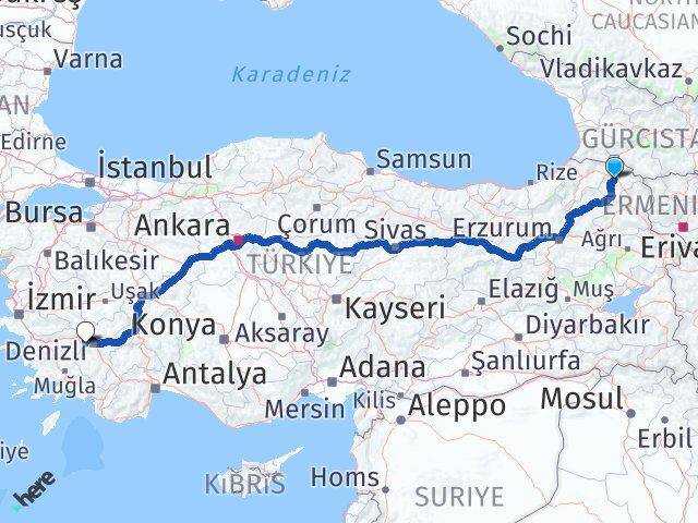 Ardahan Babadağ Denizli Arası Kaç Km - Yol Haritası