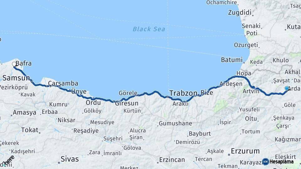 Ardahan Bafra Samsun Arası Kaç Km - Yol Haritası