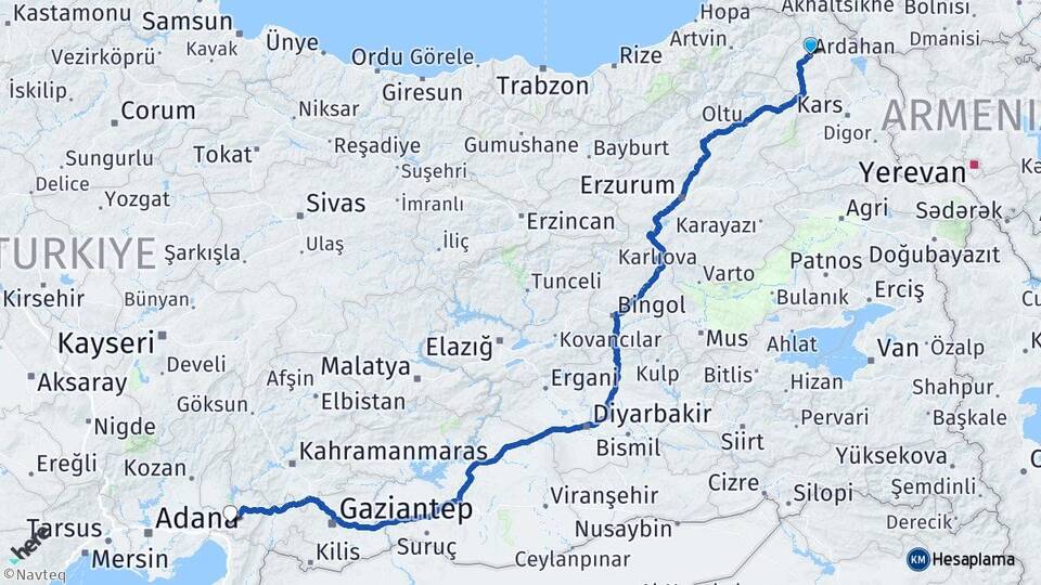 Ardahan Bağdaşen Arası Kaç Km - Yol Haritası