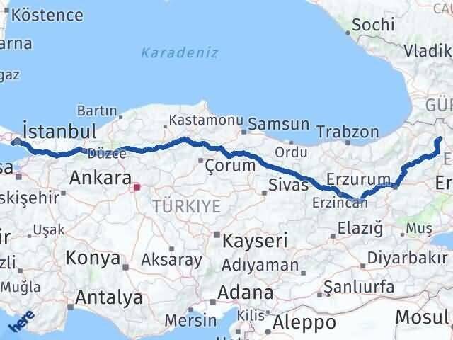 Ardahan Bahçelievler İstanbul Arası Kaç Km - Yol Haritası