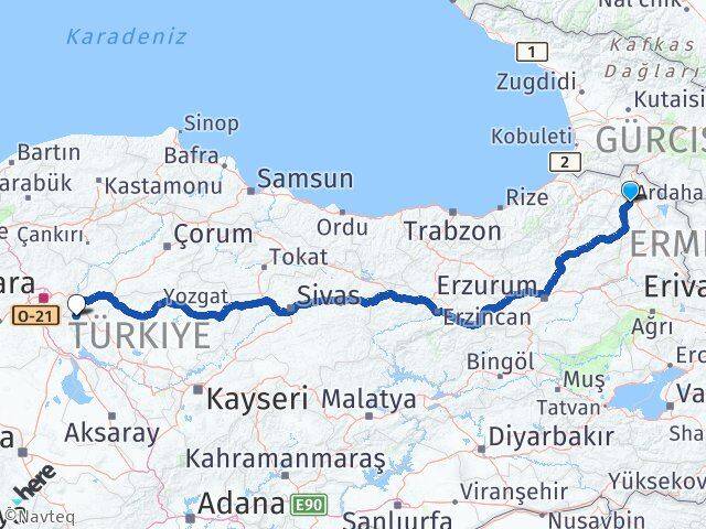 Ardahan Bahşili Kırıkkale Arası Kaç Km - Yol Haritası
