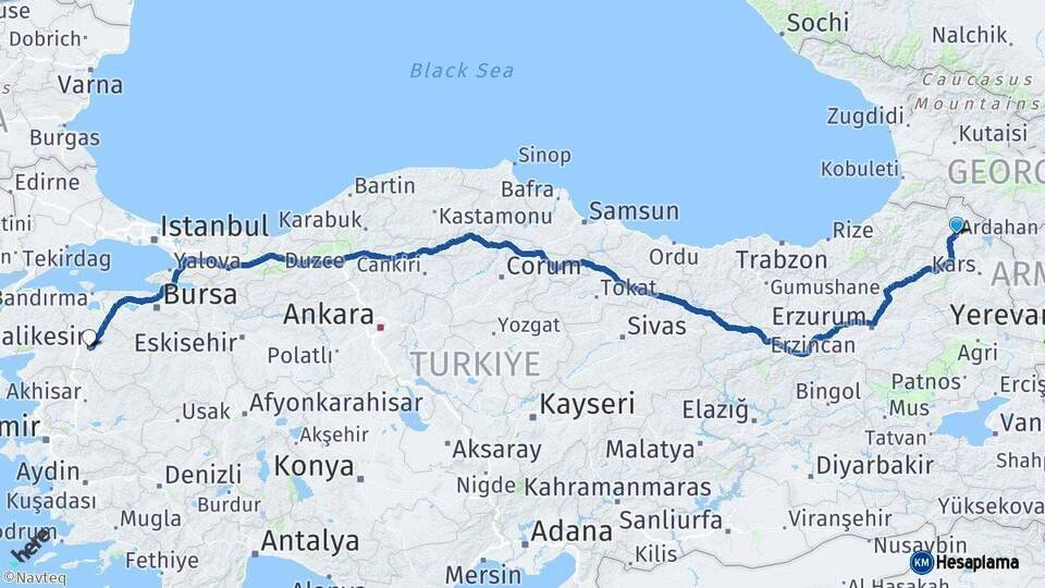 Ardahan Balıkesir Arası Kaç Km - Yol Haritası