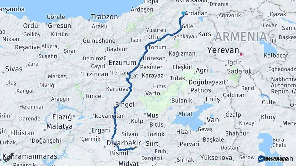 Ardahan Batman Arası Kaç Km - Yol Haritası