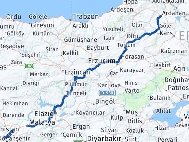 Ardahan Battalgazi Malatya Arası Kaç Km - Yol Haritası