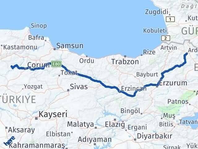 Ardahan Bayat Çorum Arası Kaç Km - Yol Haritası