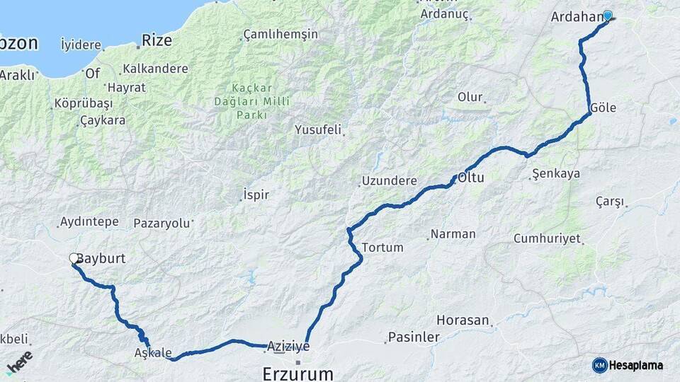 Ardahan Bayburt Arası Kaç Km - Yol Haritası