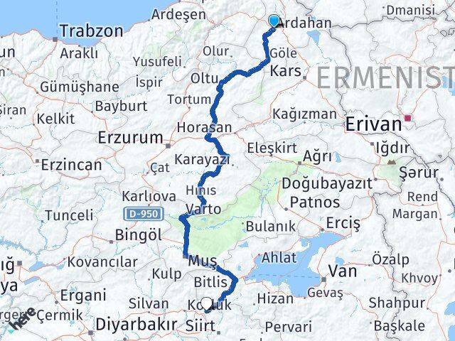 Ardahan Baykan Siirt Arası Kaç Km - Yol Haritası