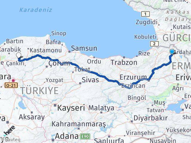 Ardahan Bayramören Çankırı Arası Kaç Km - Yol Haritası
