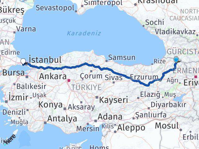 Ardahan Beylikdüzü İstanbul Arası Kaç Km - Yol Haritası