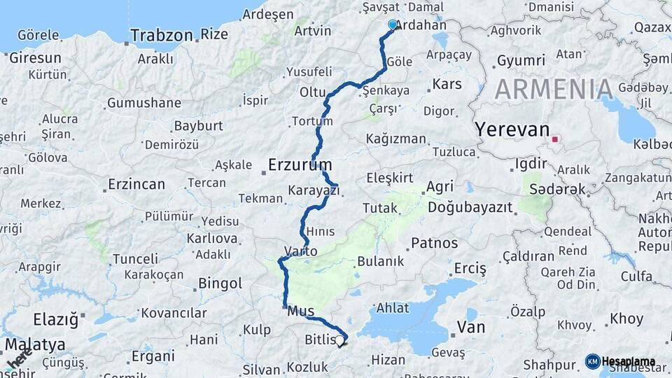 Ardahan Bitlis Arası Kaç Km - Yol Haritası