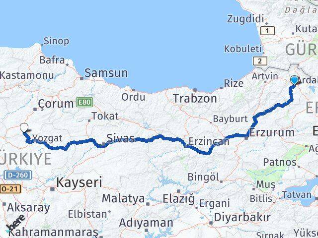 Ardahan Boğazkale Çorum Arası Kaç Km - Yol Haritası