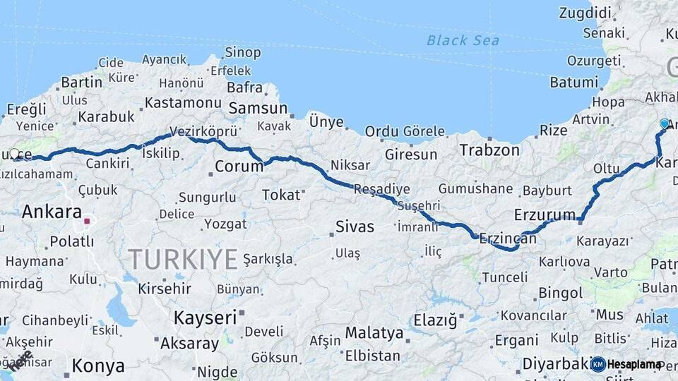 Ardahan Bolu Arası Kaç Km - Yol Haritası