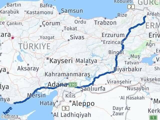 Ardahan Bozyazı Mersin Arası Kaç Km - Yol Haritası