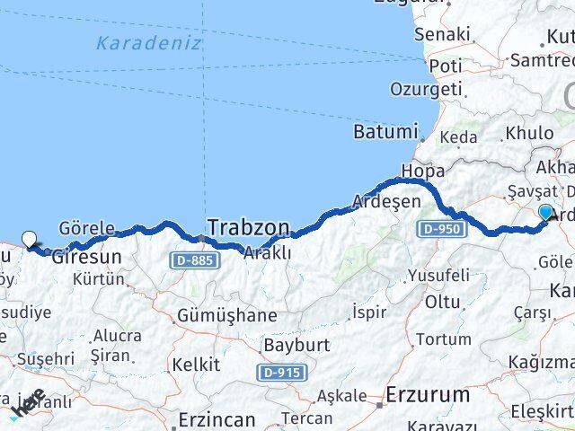 Ardahan Bulancak Giresun Arası Kaç Km - Yol Haritası