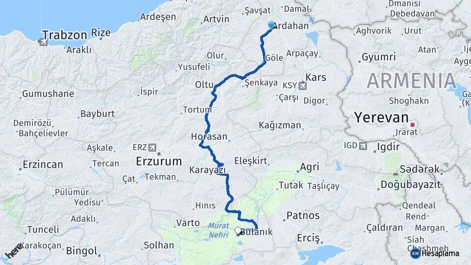 Ardahan Bulanık Muş Arası Kaç Km - Yol Haritası