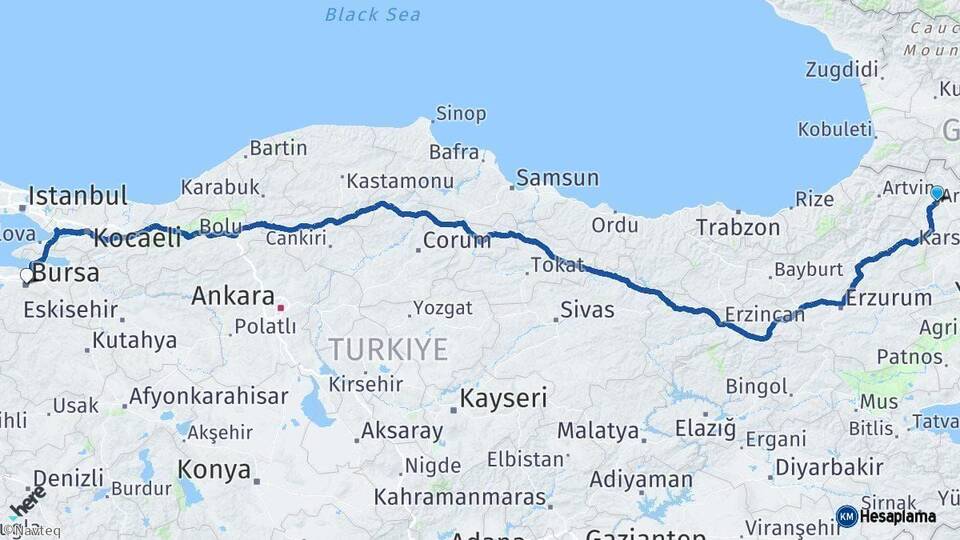 Ardahan Bursa Arası Kaç Km - Yol Haritası