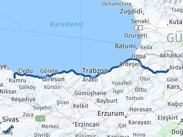 Ardahan Çamaş Ordu Arası Kaç Km - Yol Haritası