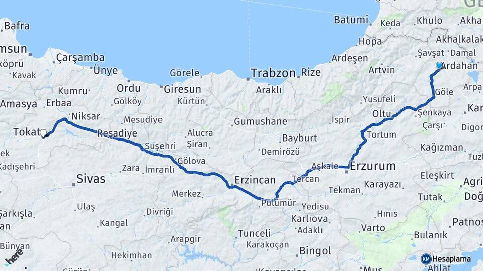 Ardahan Çamlıçatak Arası Kaç Km - Yol Haritası