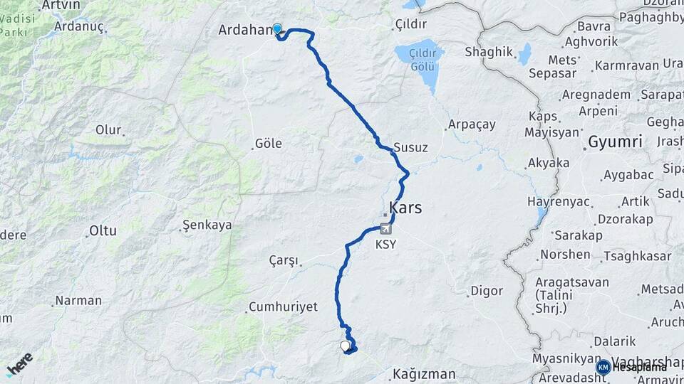 Ardahan Camuşlu Kağızman Kars Arası Kaç Km - Yol Haritası