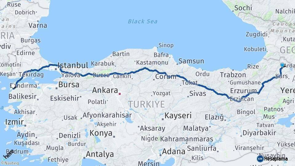 Ardahan Çanakkale Arası Kaç Km - Yol Haritası