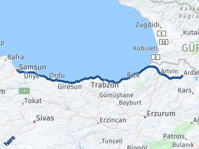 Ardahan Canik Samsun Arası Kaç Km - Yol Haritası