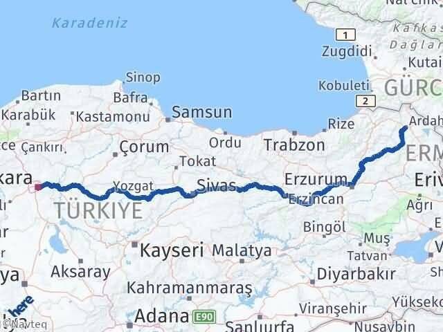 Ardahan Çankaya Ankara Arası Kaç Km - Yol Haritası
