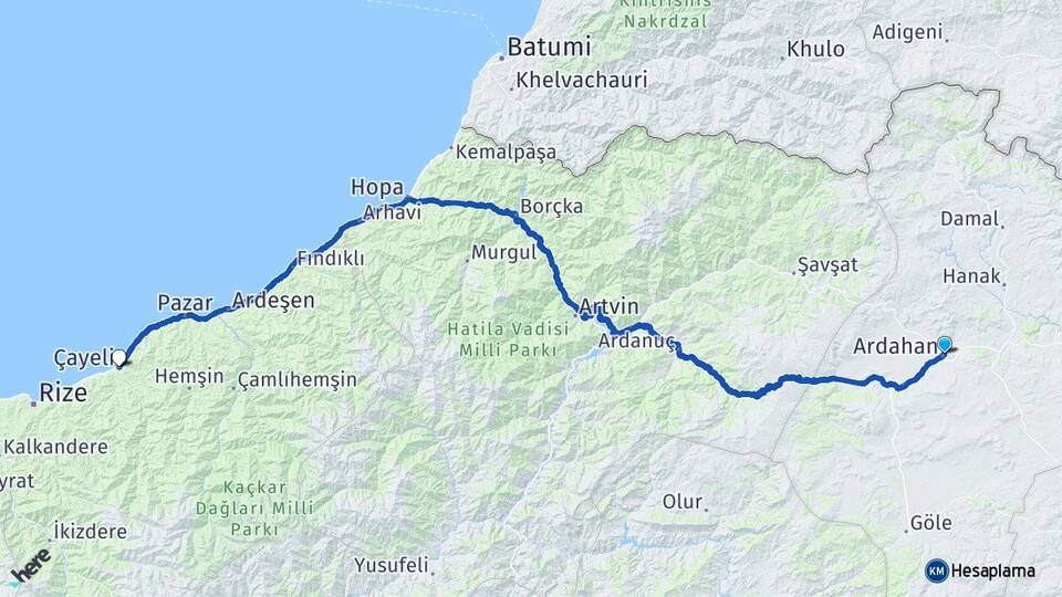 Ardahan Çayeli Rize Arası Kaç Km - Yol Haritası
