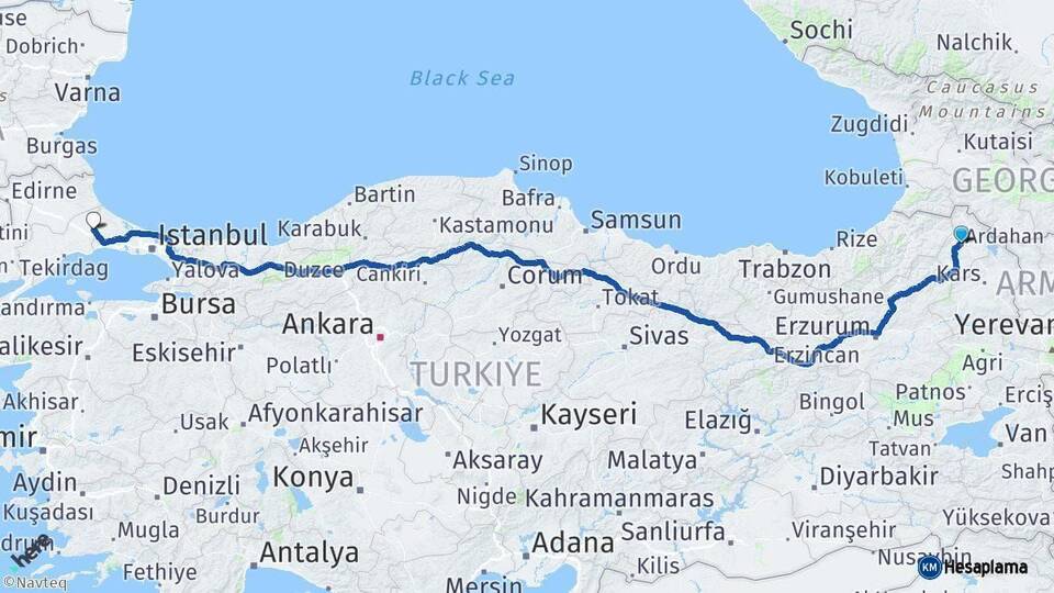 Ardahan Çerkezköy Tekirdağ Arası Kaç Km - Yol Haritası
