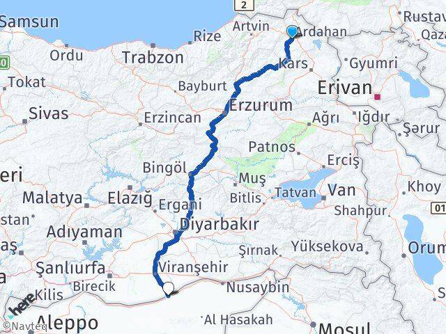 Ardahan Ceylanpınar Şanlıurfa Arası Kaç Km - Yol Haritası