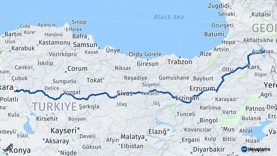 Ardahan Çıldır Ankara Arası Kaç Km - Yol Haritası