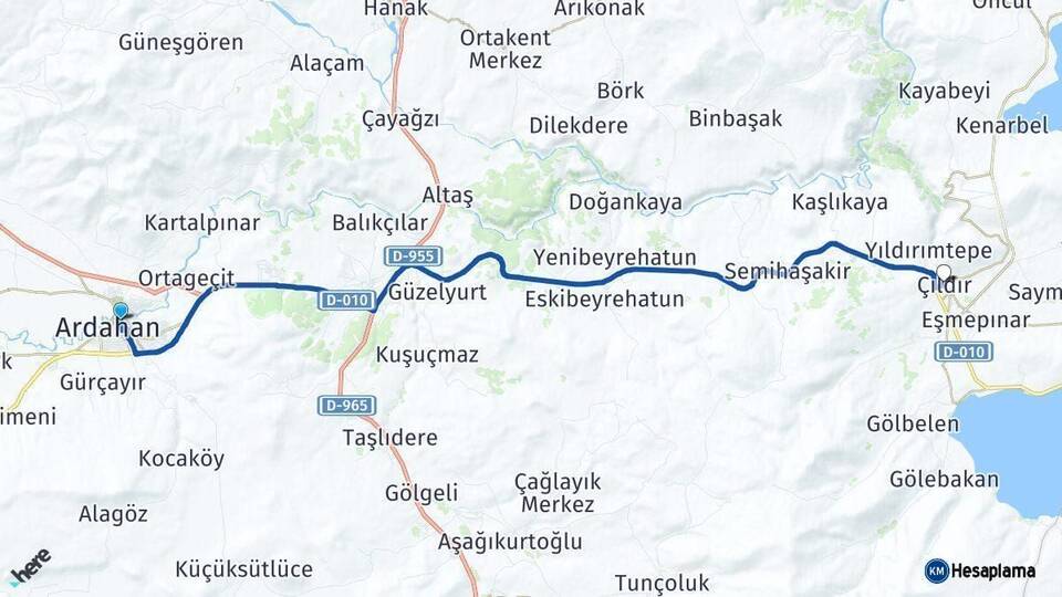 Ardahan Çıldır Arası Kaç Km - Yol Haritası