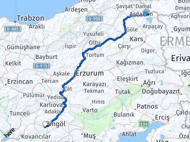 Ardahan Çıldır Bingöl Arası Kaç Km - Yol Haritası